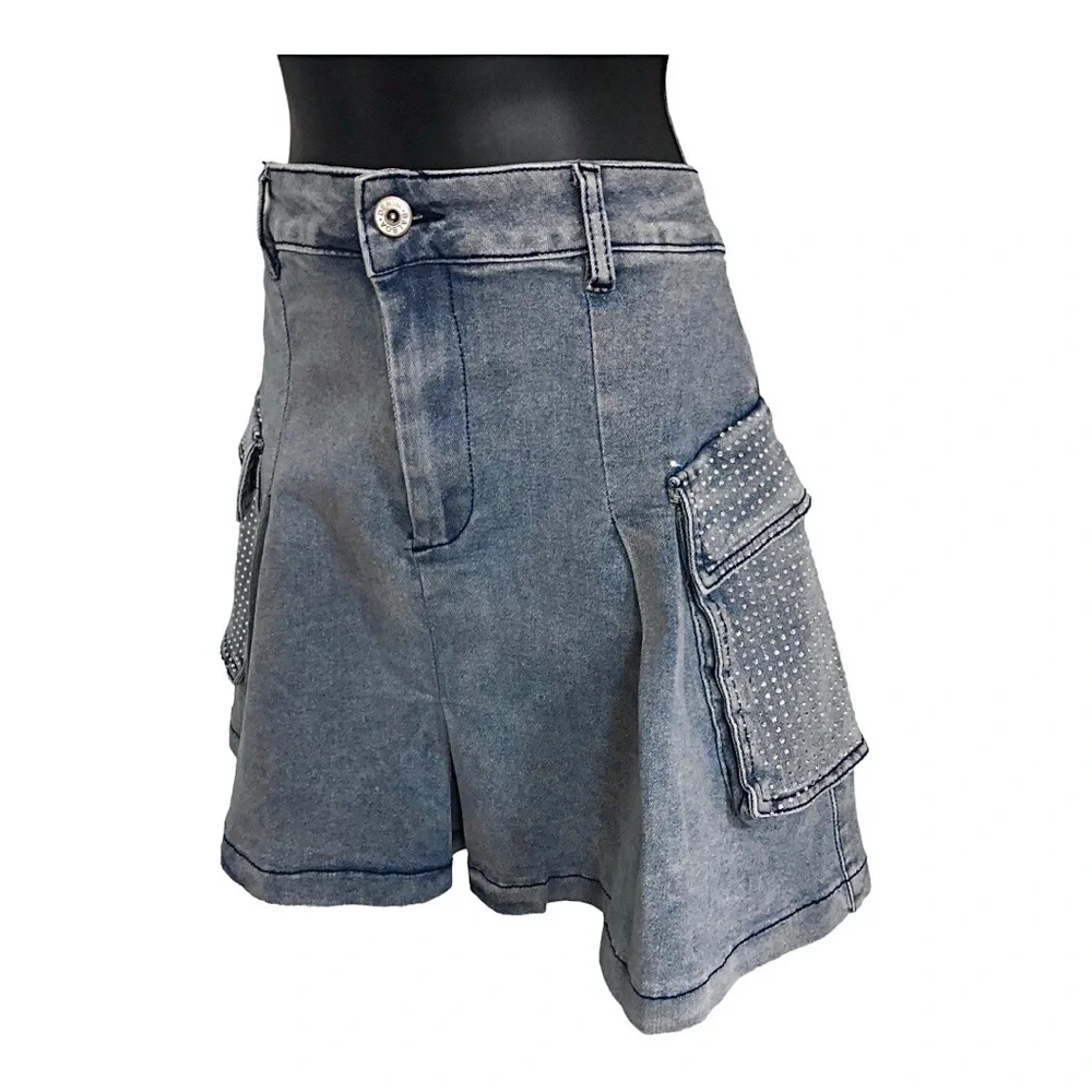 A-line crystal embellished rhinestone utility cargo style mini denim jeans skirt